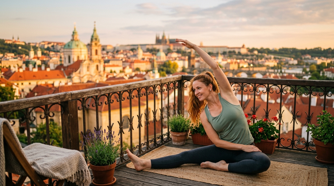 Žena protahující se na balkóně při východu slunce